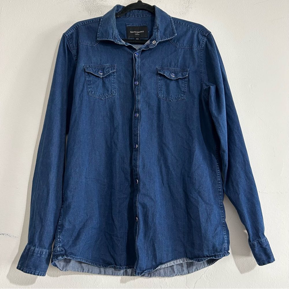 Banana Republic Blue Pearl Snap Down Denim Shirt XXL Western Rodeo Cowgirl